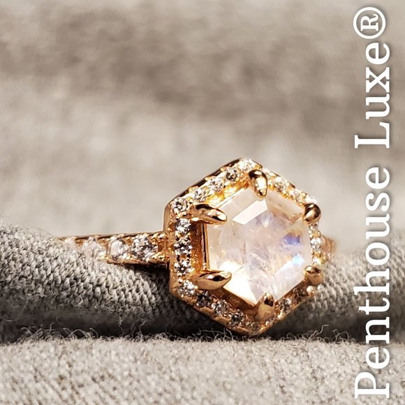 NATURAL Moonstone White Topaz Halo Rose Gold 925 Ring - Picture 2 of 7